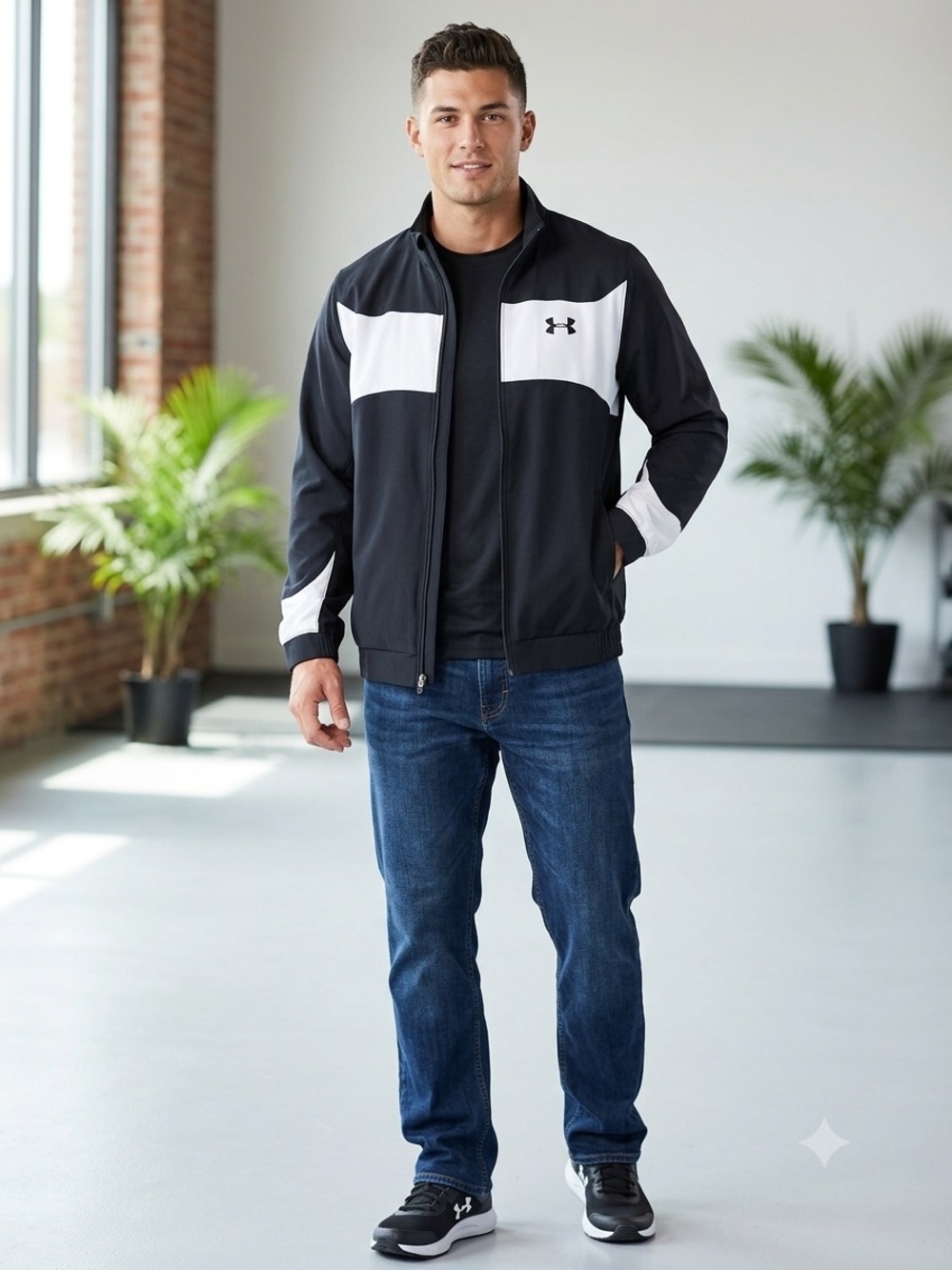 Under Armour Colorblock Full Zip Track Jacket Windbreaker Black White Size L